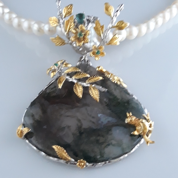 Handcrated Moss Agate and Pearl Floral Necklace - Picture 8 of 16